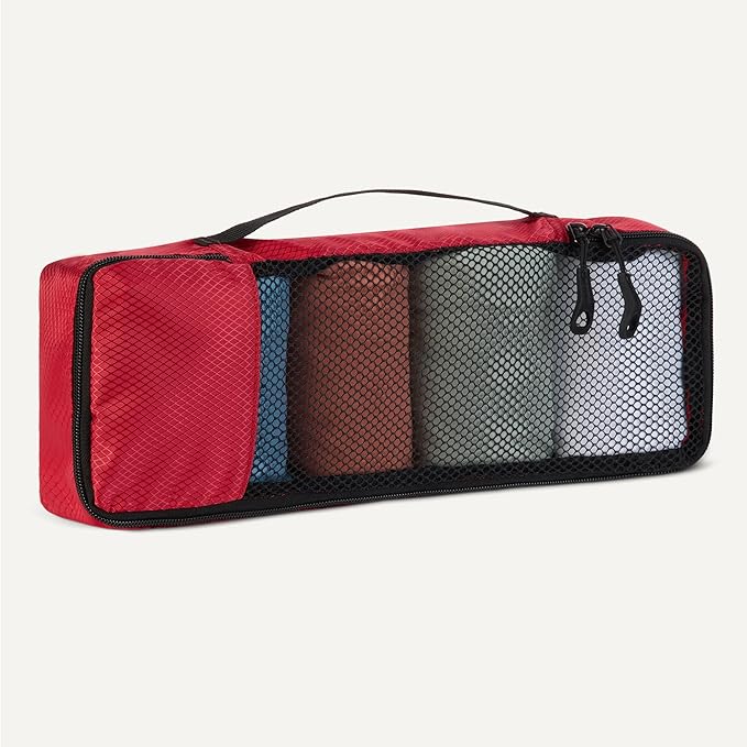 Amazon Essentials 4-Piece Space-Saving Packing Cubes Travel Accessories Set, Luggage Organizer with Double Zipper, Mesh Top, Polyester, Slim, Red (Previously Amazon Basics)