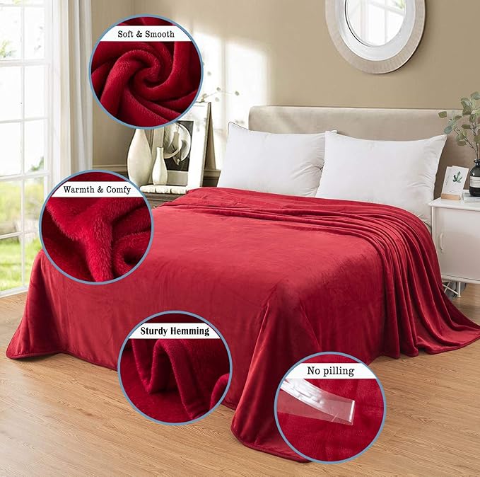Flannel Fleece King Size Summer Blanket All Season 350GSM Lightweight Throw for The Bed Extra Soft Brush Fabric Winter Warm Sofa Blankets 90" x 108"(Burgundy Red King)