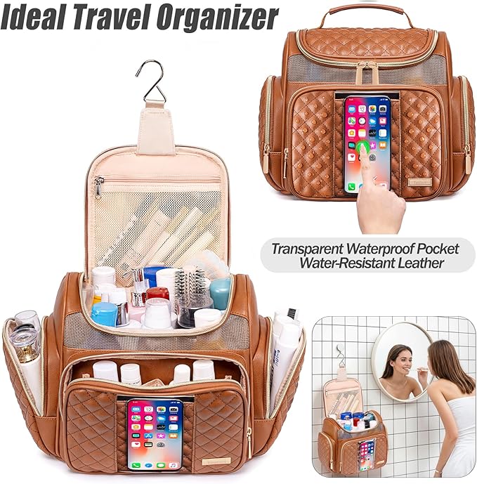 Large Leather Toiletry Bag for Women Men,Bathroom Bag,Water Resistant Shower Bag,Makeup Bag,Portable Shower Caddy for College Dorm,Hanging Travel Toiletry Bag with Transparent Waterproof Phone Pocket