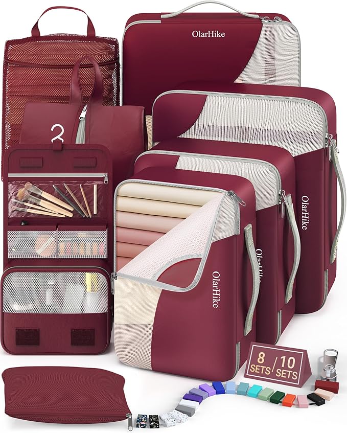8 Set Packing Cubes for Travel, Gifts for Women Mom,Anti-Tearing Suitcase Organizer for Luggage with Shoe & Hanging Toiletry Bag,OlarHike Vacation Essentials & Accessories for Cruise Ship