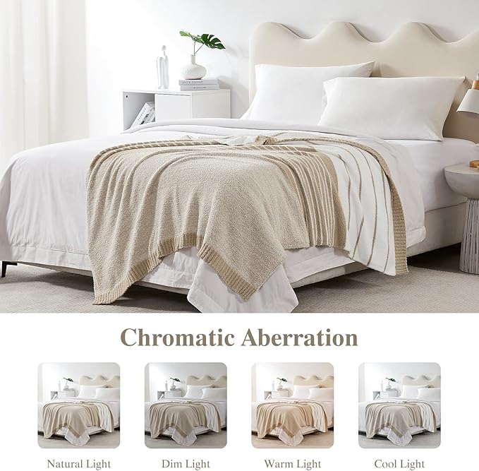 Throw Blanket, Taupe White Soft Cozy Fluffy Striped Throw Blankets for Couch, Sofa, Bed, Chair, Warm Fuzzy Plush Lightweight Decorative Stripe Blanket, 50x60 inches