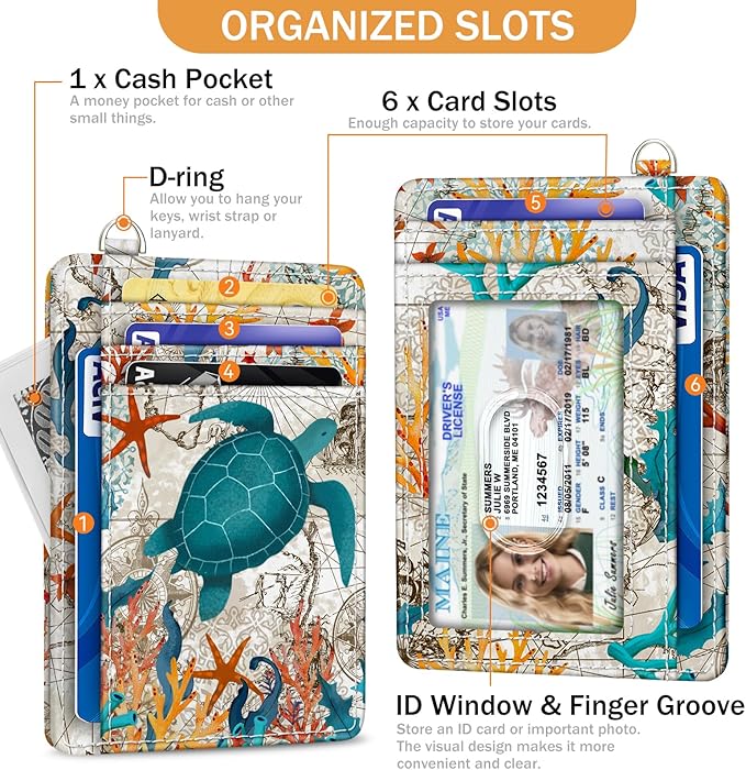 Yonlevres Sea Turtle Credit Card Holder Slim Wallet, RFID Wallet Women Front Pocket Wristlet Lanyard, Small Card Holder Travel Cute Thin ID Window PU Leather Funny Case Organizer Gifts Girls