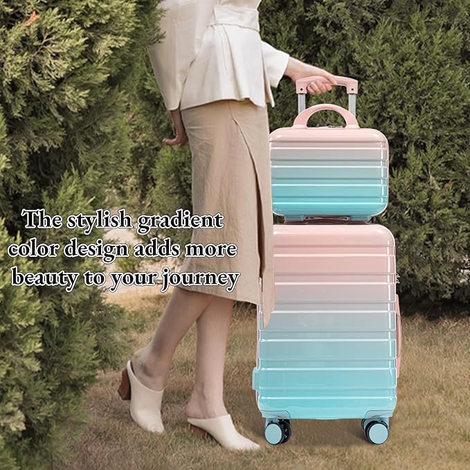 Gradient Pink-Light Blue Luggage Set 14" & 20" - 2 Piece PC Spinner Wheel Suitcases with Combination Lock, Lightweight Carry On for Business & Vacation