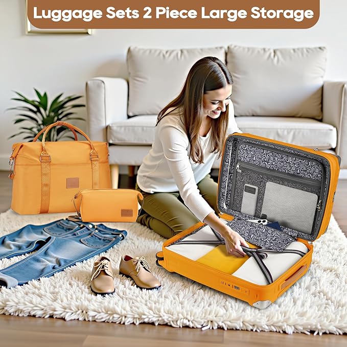 Joyway 5 Piece Luggage Set with Cup Holder, Expandable 25% Capacity, Includes Handbag, Anti Slip Wheels, Hook, Smart Carry On Suitcase for Men and Women, Spinner Travel Orange