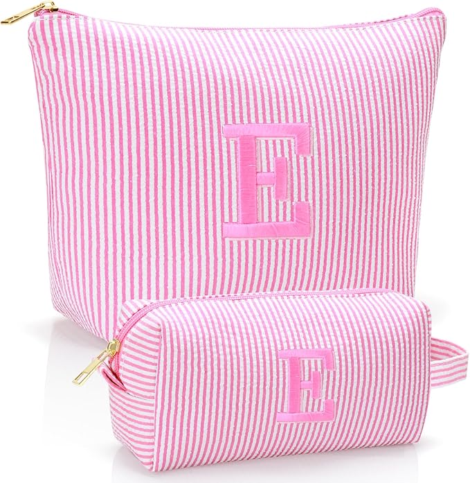 Personalized Initial Makeup Bag,Toiletry Travel Cosmetic Bag,Trendy Stuff for Teen Girls and Women,Holiday & Birthday Gift,2 Pack (E, Pink)