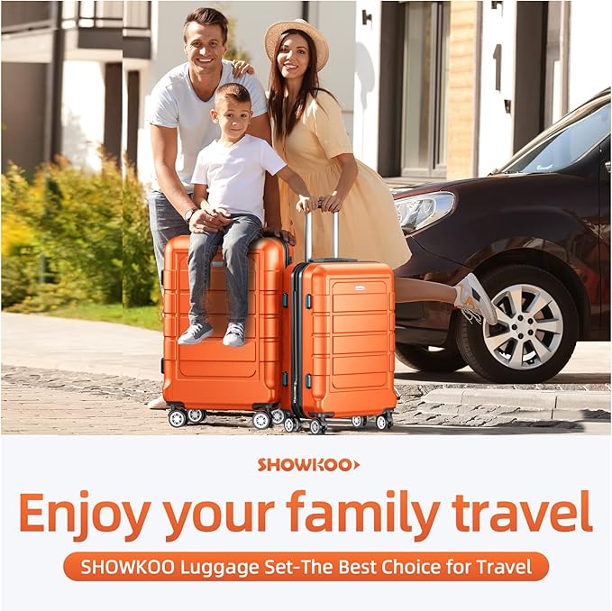 SHOWKOO Luggage Sets Expandable 100% PC Durable Suitcase Sets Double Wheels TSA Lock 4 Piece Luggage Set Orange