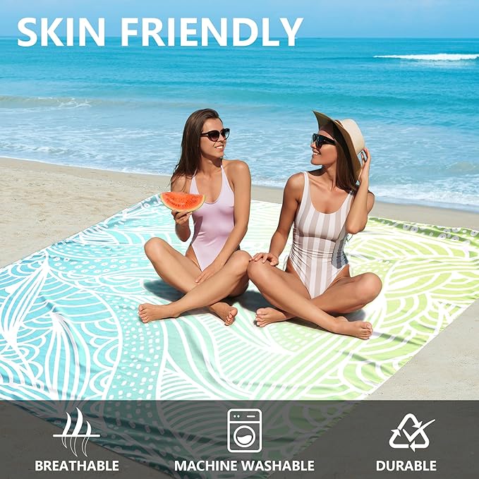 HIHOHO Beach Blanket Waterproof Sandproof Beach Mat for 1-8 Adults Quick Drying Durable Outdoor Picnic Mat for Beach Festival Travel Camping Hiking (Gradiant BL&GN-Ripple, 79"×83"(4 Person))