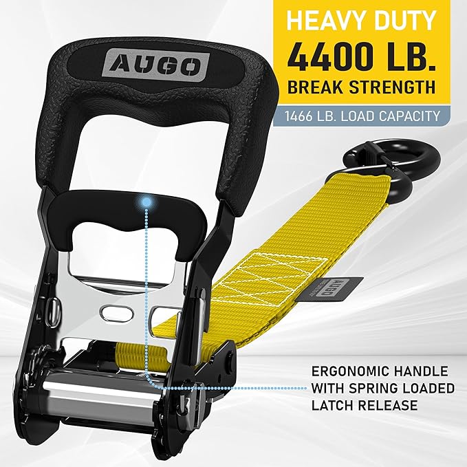 AUGO Heavy Duty Ratchet Straps & Soft Loops – Pack of 4 Extra Strong 1.5” by 10’ Ratchet Straps w/S-Hook Safety Latches & 4 Soft Loop Tie Downs – 4400Lb Break Strength for Motorcycles, ATVs, Etc.