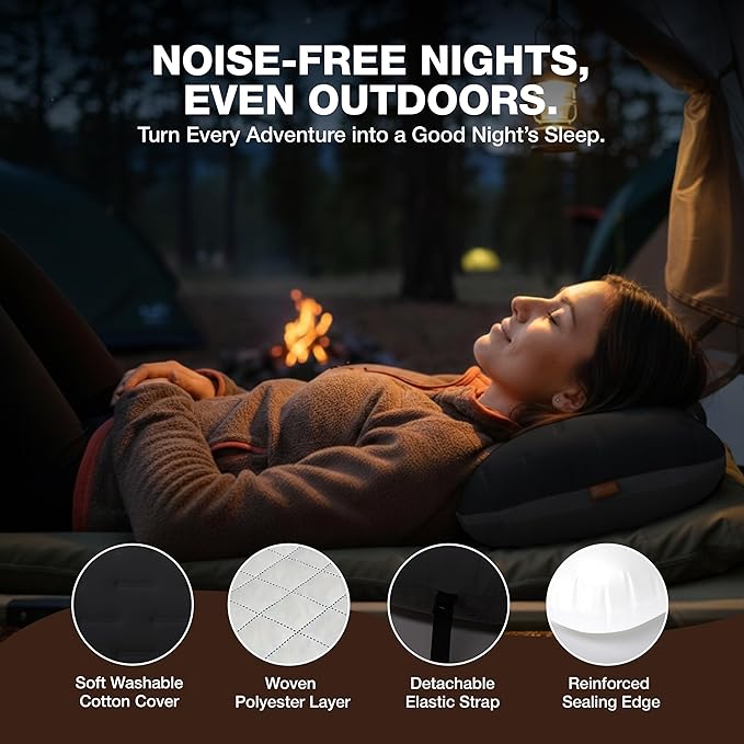 Inflatable Camping Pillow - Ultralight Compact Air Pillow for Travel, Backpacking & Hiking - Ergonomic Neck & Lumbar Support - Portable Inflatable Pillow with Removable Washable Cover - (Black)