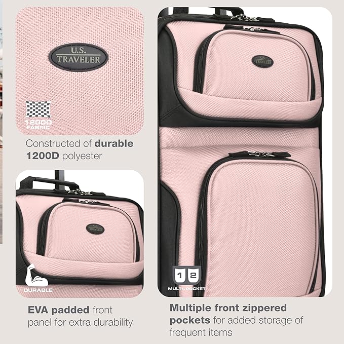 U.S. Traveler Rio Lightweight Softside Rolling Carry-on Suitcase, 2-Wheel Single, Pink