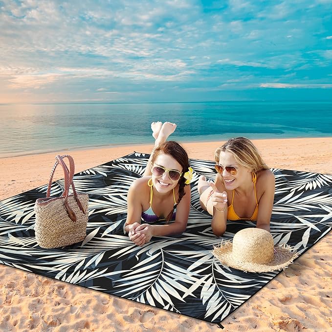 HIHOHO Beach Blanket Waterproof Sandproof Beach Mat 79”x 83” for 1-8 Adults Quick Drying Durable Outdoor Picnic Mat for Beach Festival Travel Camping Hiking (BK&W-Palm, 79"×83"(4 Person))