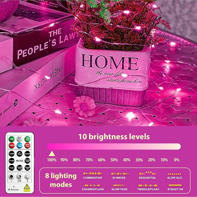 HXWEIYE 6 Pack Rechargeable Fairy Lights with Remote, 7ft 20LED | Battery Operated, 8 Modes & DIY Timer, Mini Twinkle String Light for Mason Jar Wedding Table Wreath Christmas,Pink