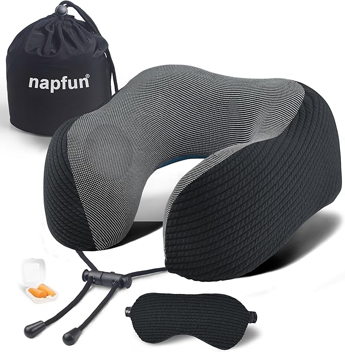 napfun Neck Pillow for Travel with Travel Pouch, Sleep Mask & Earplugs, Memory Foam Airplane Pillow for Headrest Sleep with Eyeshades, Plane Essentials with Eye Blindfold, Black Striped Kit