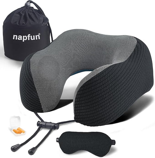 napfun Neck Pillow for Travel with Travel Pouch, Sleep Mask & Earplugs, Memory Foam Airplane Pillow for Headrest Sleep with Eyeshades, Plane Essentials with Eye Blindfold, Black Striped Kit