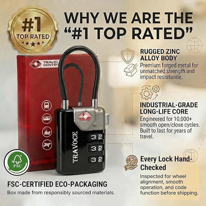 Search Alert TSA Approved Travel Combination Luggage Cable Locks for Suitcase, Gym Locker,Toolbox,Backpack 1,2,4,6 &10 pk (Black 3 Pack)