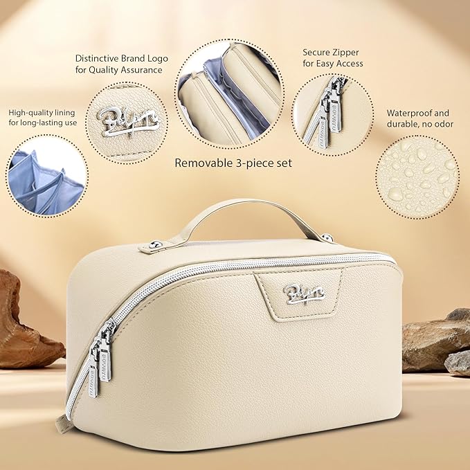 BOYATU Travel Makeup Bag Cosmetic Bags for Women: Large Capacity 3 Pcs Set Make up Bag with Compartments - Waterproof Vegan Leather Toiletry Organizer Bags with Handle (L27Off-white)