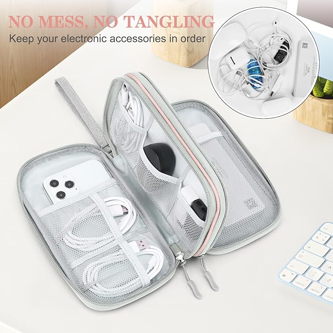 FYY Electronic Organizer, Travel Cable Organizer Bag Pouch Electronic Accessories Carry Case Portable Waterproof Double Layers Storage Bag for Cable, Cord, Phone, Earphone, Medium Size, Light Pink