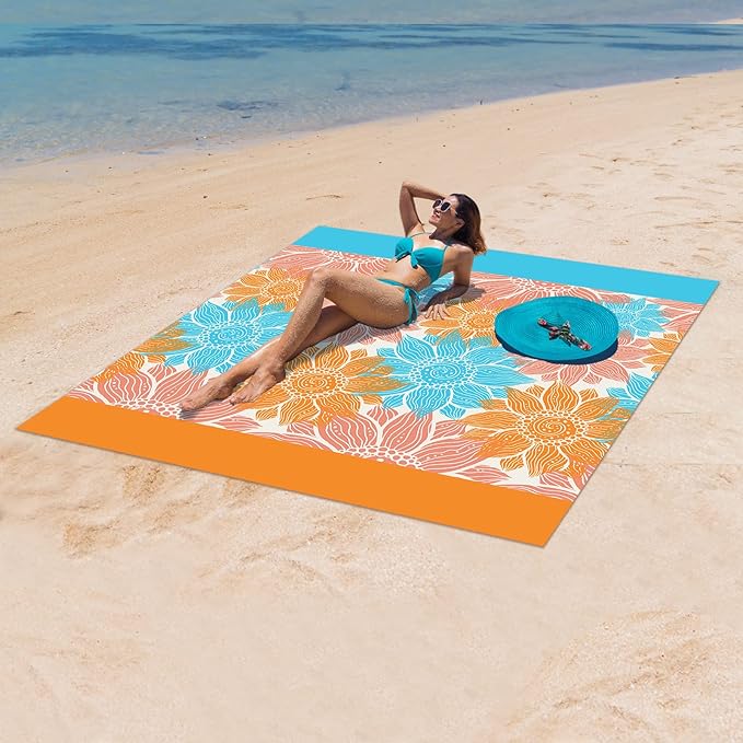 Beach Blanket Sandproof Extra Large Beach Mat Adults Waterproof Quick Drying Sand Free Mat Made by Premium Polyester with 4 Stakes & 4 Corner Pockets for Outdoor Travel Camping Hiking