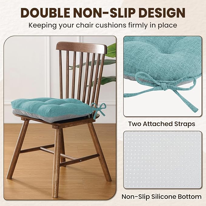 downluxe Indoor Chair Cushions for Dining Chairs, Tufted Overstuffed Textured Kitchen Chair Pads with Ties and Non-Slip Backing, 15.5" x 15.5" x 4", Aqua Blue, 4 Pack