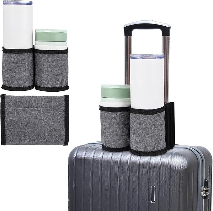 Oruola Travel Cup Holder for Luggage,Luggage Travel Cup Holder with 2 Coffee Mugs Tightening Drawstring, Luggage Cup Holder for Flying & Travelers for Flight Attendants, Business, Travelers Grey