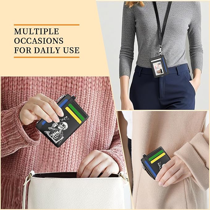 Hancynir Slim Wallet Women Credit Card Holder, Skull Skeleton RFID Blocking Small Mini Card Wallets, Funny Front Pocket PU Leather Card Case, Thin Travel Zipper Coin Cash Ladies Female Wallet Gifts