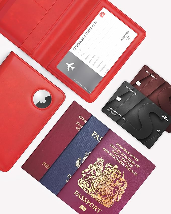 Stouchi AirTag Passport Holder, Simple Passport Holder with Airtag Slot, RFID Passport Wallet Cover for Women, Family Leather Passport Protector Case, Anti-Lost Travel Accessories, Red