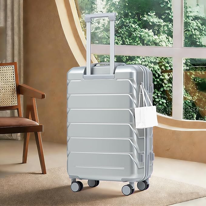 28 Inch Checked-Large Luggage, Lightweight ABS Hard Shell Suitcase with Spinner Wheels, Expandable Travel Luggage with Combination Lock & Side Hooks for Men Women (Silver, 28)