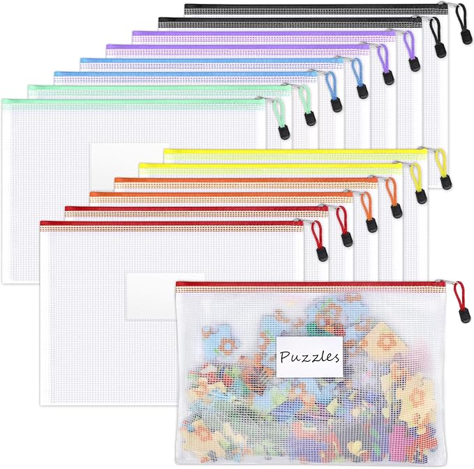 Sooez 14 Pack Mesh Zipper Pouch Bags, A4 Letter Size, Zipper Bags with Label Pocket, Waterproof Pouches for Classroom Organizer, Board Game Toy Storage, Document Bag for Teacher School Office Supplies