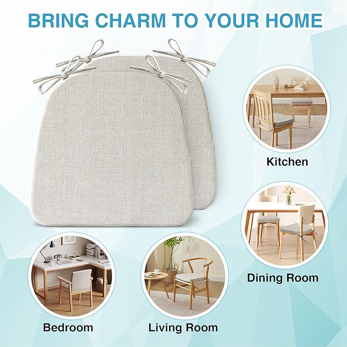 Chair Cushions for Dining Chairs Set of 2, Non Slip Kitchen Chair Pads, 17" x 16" x 2", Indoor Dining Chair Cushions with Ties, D-Shaped Seat Cushions for Kitchen Chairs, Beige