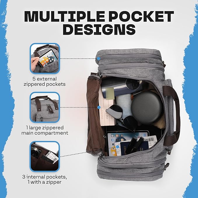 Duffle Bag for Travel 20–23” Expandable (40L) – Lightweight Water-Resistant Carry On Weekender with Multiple Pockets & Shoulder Strap – Airline Approved Travel Duffel Bags for Men & Women - GRAY
