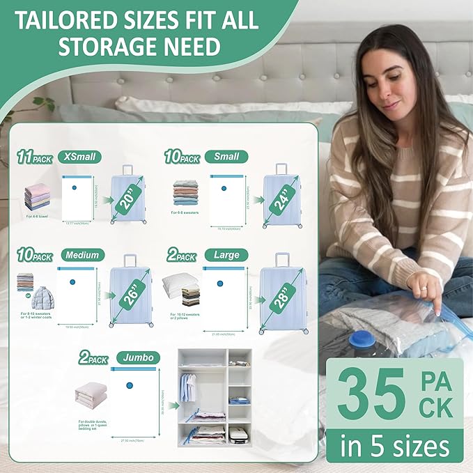 Cozy Essential Travel Vacuum Storage Bags with Rechargeable Cordless USB Pump, Space Saver Bags for Luggage, Suitcase, Carry-On, for Clothes, Blankets, Bedding & Seasonal Storage,35 Combo
