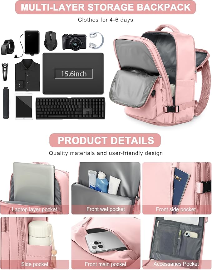 VGCUB Large Travel Backpack Bag for Women Men,Carry on Backpack,17 Inch Laptop Business Work Waterproof Backpack with Laptop Compartment,Person Item Flight Approved,Mochila de Viaje,Pink