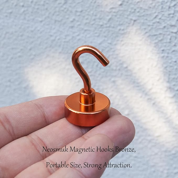 Neosmuk Magnetic Hooks,0.4lb Heavy Duty Earth Magnets with Hook for Refrigerator, Extra Strong Cruise Hook for Hanging, Magnetic Hanger for Cabins, Grill (Bronze, 6 Pack)