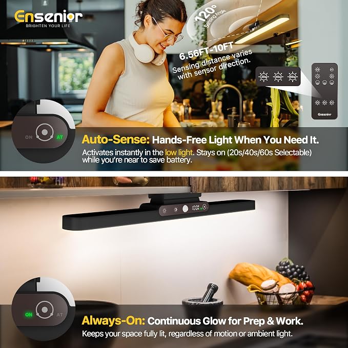 Ensenior 4W Motion Sensor Rechargeable Light Bar, Closet Lights, 2P | 2000mAh, Dimmable, Eye-Friendly, 3 Colors CRI85+, Battery Display, Wireless, Remote Control, Magnetic 130° Rotatable,Stick on