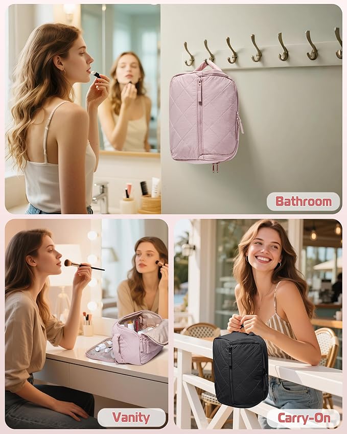 Travel Toiletry Bag for Women, Water Resistant Makeup Organizer with Wide-Open Design for Toiletries and Cosmetics, Black (Bag Only)