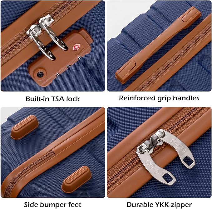 Coolife Luggage 3 Piece Set, Lightweight Durable Hardshell Suitcase set with 360° Spinner Wheels, TSA-approved Lock, Checked Family Travel Luggage sets, 20/24/28 Inch, Apricot Navy