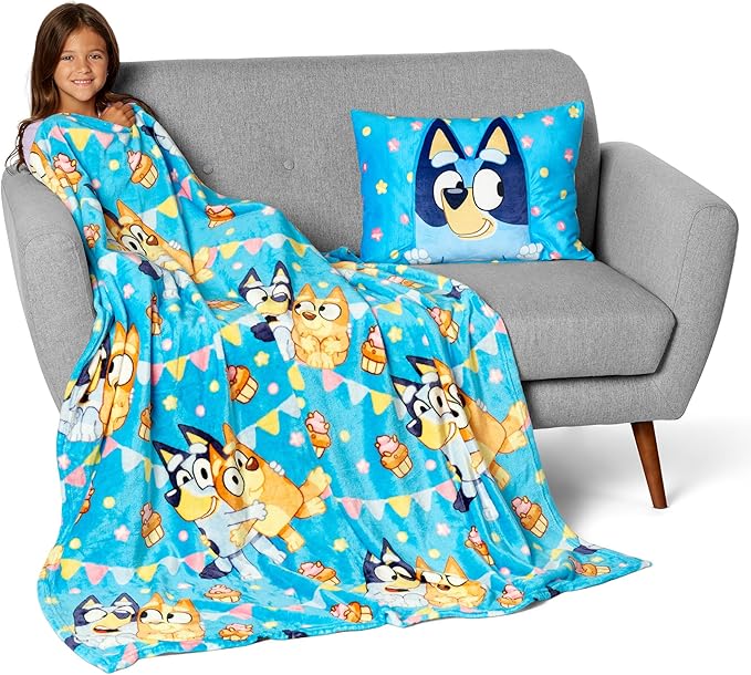 Northwest Bluey Party Pups Silk Touch Throw Blanket 50 x 60 Inches with Bluey Plush Pocket Pillow 14 x 20 Inches - Comfy & Cozy Bluey Blanket & Pillow Set for Boys and Girls