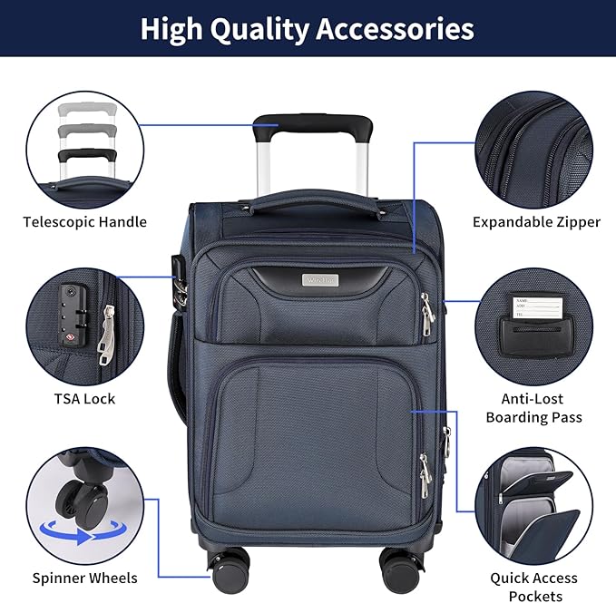 3-Piece Softside Expandable Luggage Set with Front Open Pocket, Lightweight and Durable Oxford Fabric Suitcase Set with TSA Lock (Blue, 20in/24in/28in)