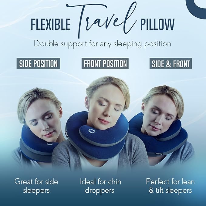 BCOZZY Travel Neck Pillow for Airplane – Patented Double Support for Head, Neck, and Chin. Best for Long Flights, Plane Sleeping & Car Rides. Adjustable Size. Fully Washable. Carry Bag. X-Large, Gray