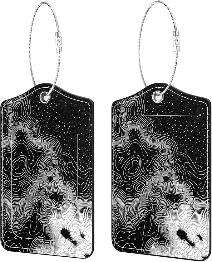 2 Pack PU Leather Luggage Tags for Suitcases, Privacy Protection Cover with Stainless Steel Loop and Address Card, Travel Cruise Essentials (Black Ripples)