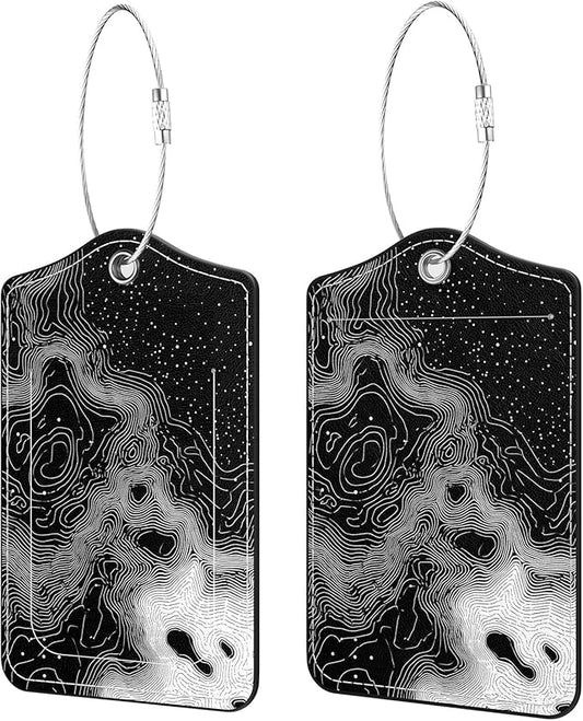 2 Pack PU Leather Luggage Tags for Suitcases, Privacy Protection Cover with Stainless Steel Loop and Address Card, Travel Cruise Essentials (Black Ripples)