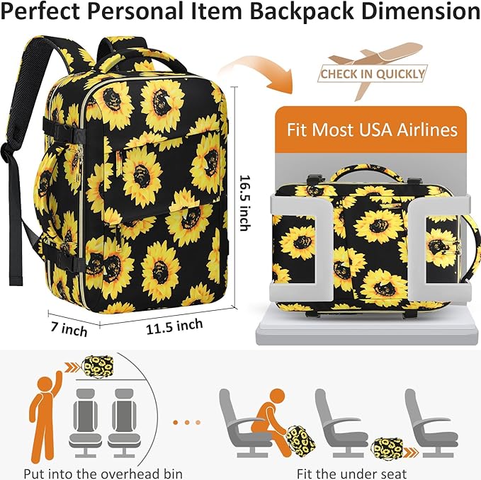 Carry on Backpack for Women TSA Approved 15.6 Inch Travel Laptop Backpack for Women Travel Essentials Foldable Womens Travel Backpack Suitcase Sunflower Floral