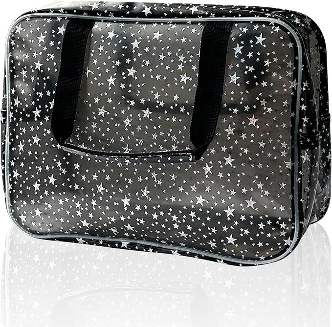 Black Holographic Star Cosmetic Bag for Women 11.8x5.1x8.2 Inches Portable Travel Toiletry Bag with Handles,Durable PVC Material,Zipper Design-Ideal Large Clear Makeup Organizer