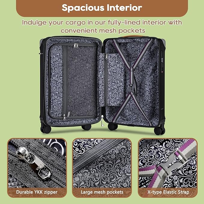 Joyway 20in Carry On Luggage with Cup Holder and USB Port, 25% Expandable Capacity, Smart Suitcase with Anti Slip Wheels and Handbag, Perfect for Men and Women 3 Piece Set Black