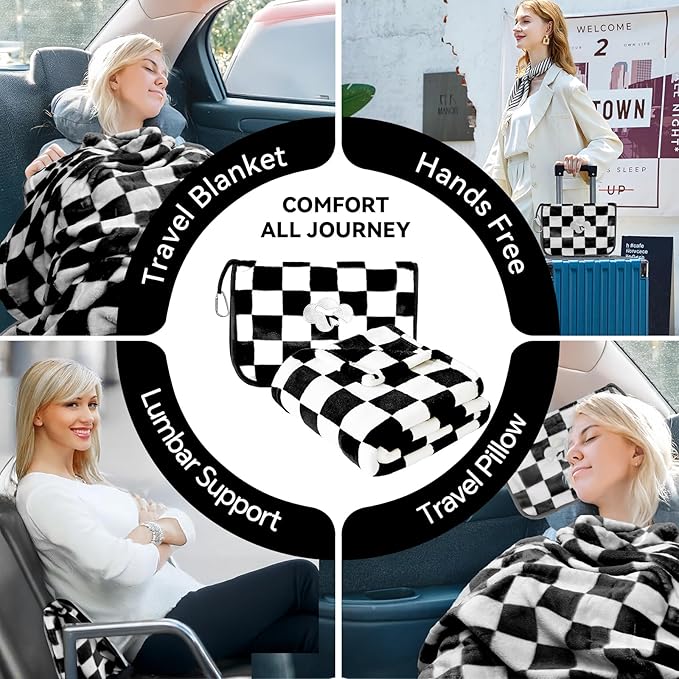 Travel Blanket and Pillow Compact, Premium Soft 2 in 1 Airplane Blanket with Soft Bag Pillowcase，Hand Luggage Sleeve and Backpack Clip (Checkered Black)