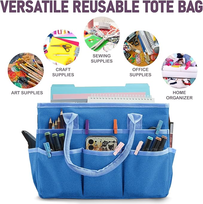 Cupohus Art Organizer Craft Storage Tote Bag with Pockets and Handles, Oxford Fabric Carrying Caddy for Teacher, Officer, Artist, Traveler, and more –Blue