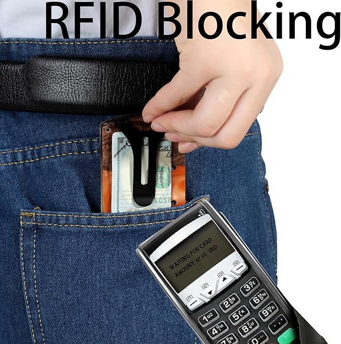 Carbon Fiber Minimalist Wallet for Men Credit Card Holder Money Clip & Cash Strap Slim RFID Mens Wallets,Resin Natural Walnut Wood,Unique Pattern,Orange