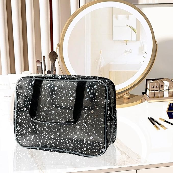 Yellow Star Large Cosmetic Bag and Travel Pouch with Handle,Durable Material,Zipper Design-Ideal for Makeup,Travel Essentials