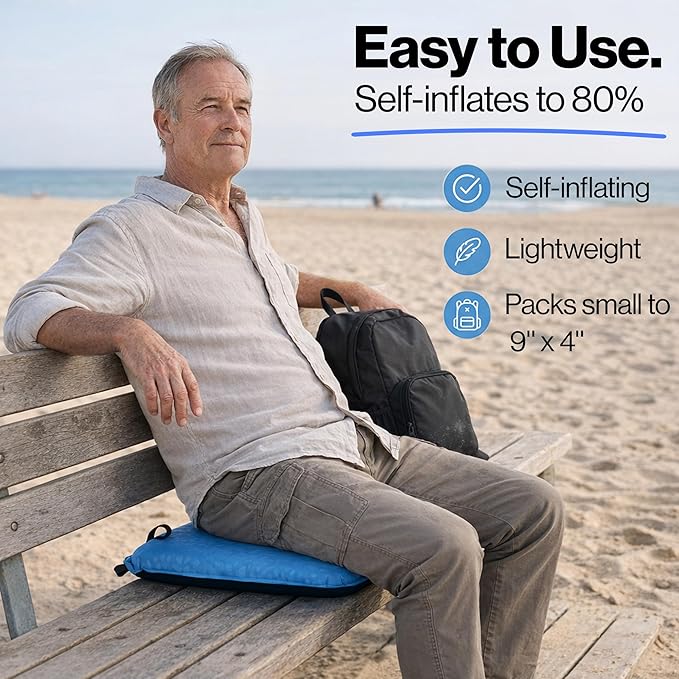 Whispering Winds Inflatable Seat Cushion - Comfortable Blow-up Foam Pad for Airplane, Travel, Stadium, Outdoors, Camping, Car & More
