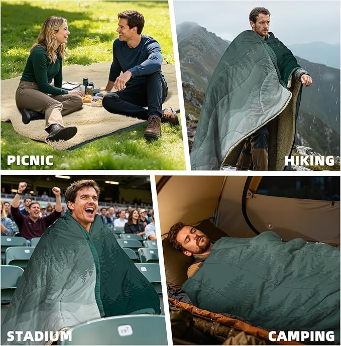 Outdoor Camping Blanket with Sherpa Lining, Extra Warm Thick Camp Blankets and Puffy Ultralight Soft Poncho DWR Camping Quilt for Cold Weather, Adventure, Sleeping, Backpacking 78"x 56"